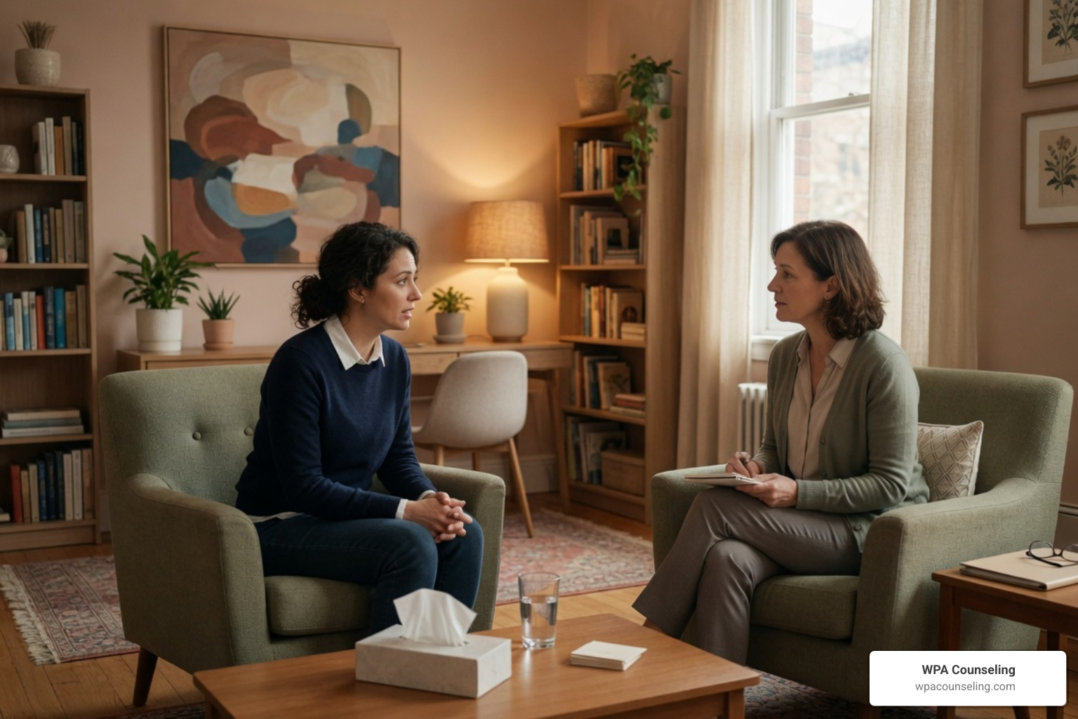 Empathetic therapist supporting a client through divorce anxiety in a warm office setting