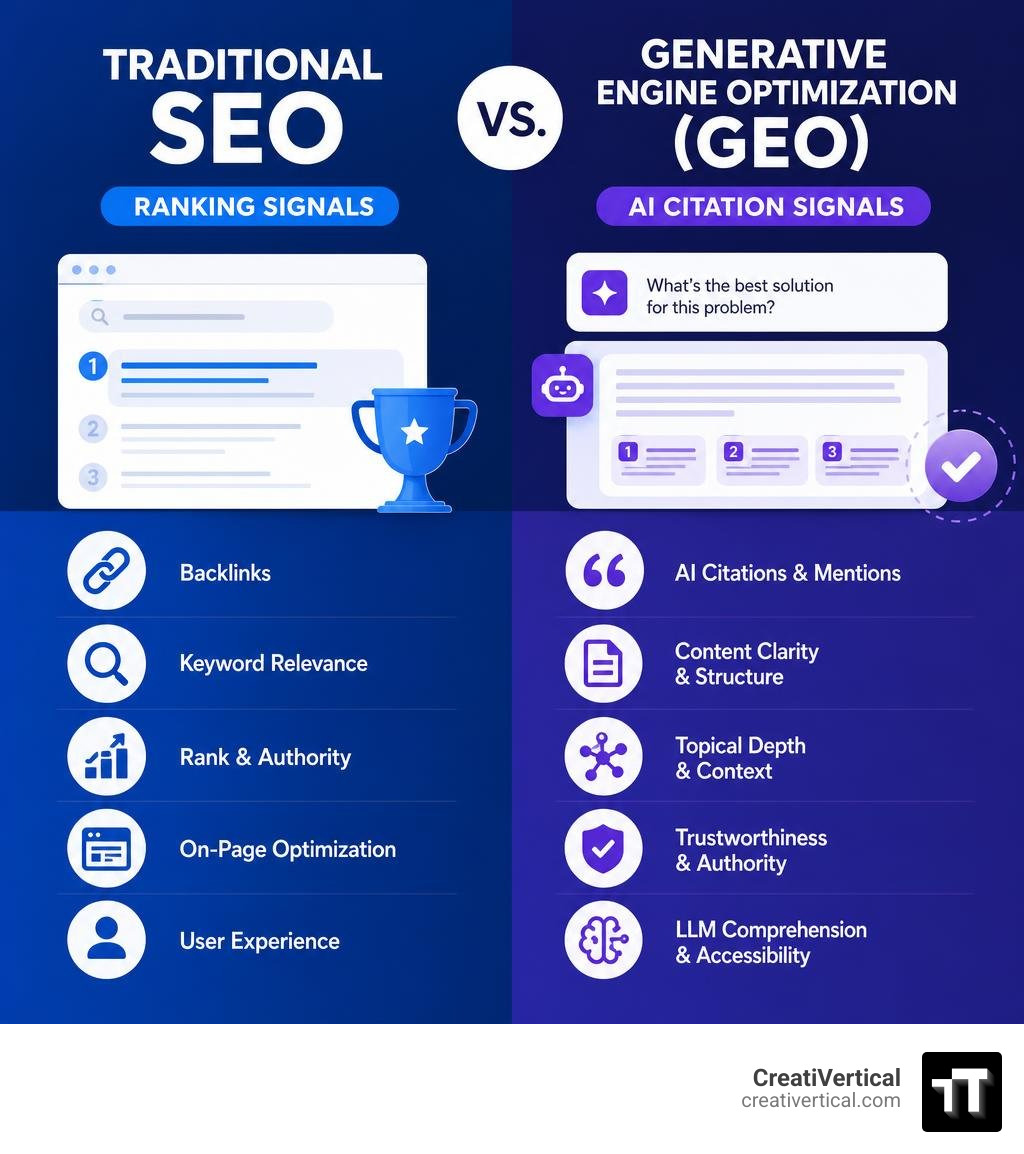 traditional SEO vs GEO infographic showing ranking signals versus AI citation signals infographic