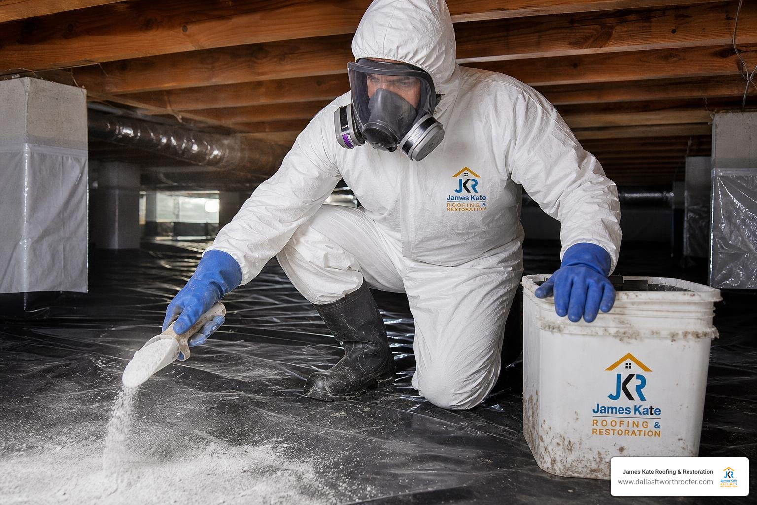 professional wearing a royal blue shirt that says James Kate wearing level 3 PPE gear for sewage cleanup professional wearing a royal blue shirt that says James Kate wearing level 3 PPE gear for sewage cleanup