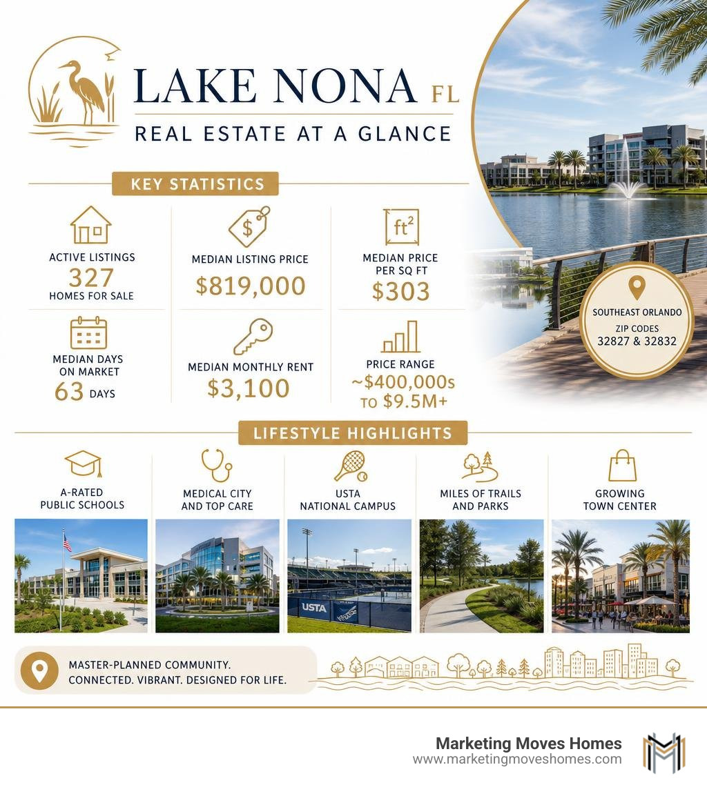Lake Nona FL real estate key statistics and lifestyle highlights infographic infographic