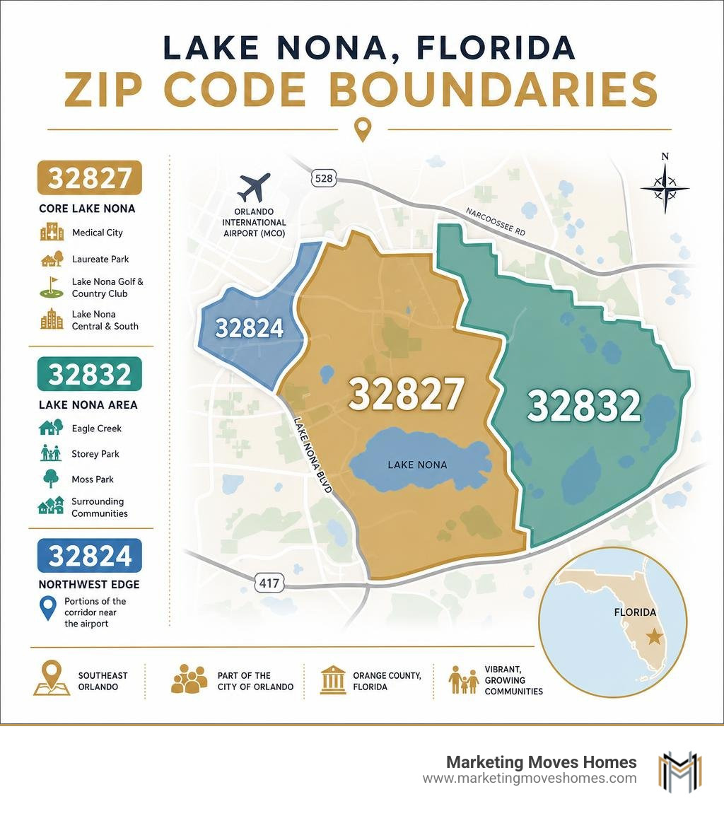 Lake Nona Florida ZIP code boundaries infographic showing 32827 32832 and 32824 coverage areas infographic Lake Nona Florida ZIP code boundaries infographic showing 32827 32832 and 32824 coverage areas infographic