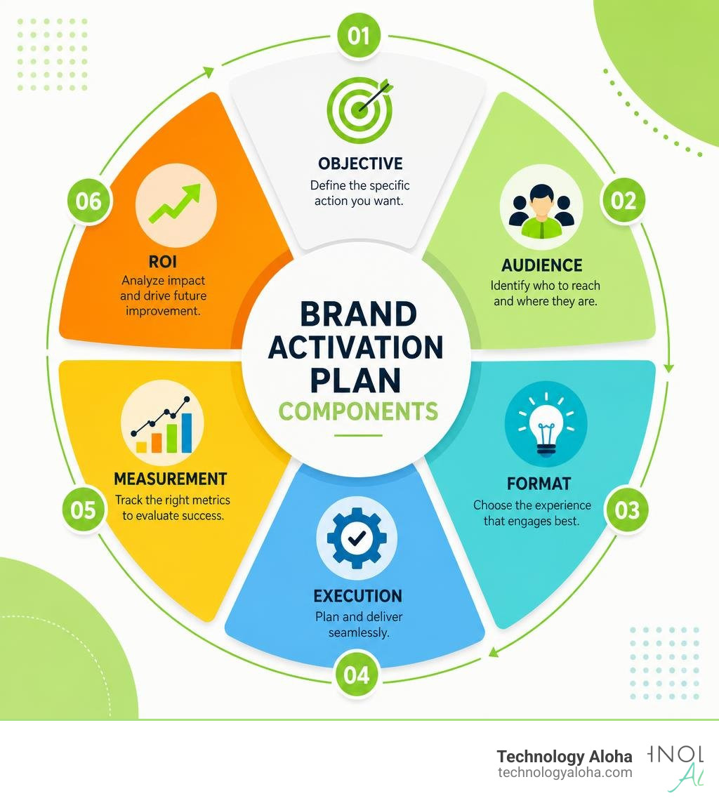 Brand activation plan components: objective, audience, format, execution, measurement, ROI infographic Brand activation plan components: objective, audience, format, execution, measurement, ROI infographic