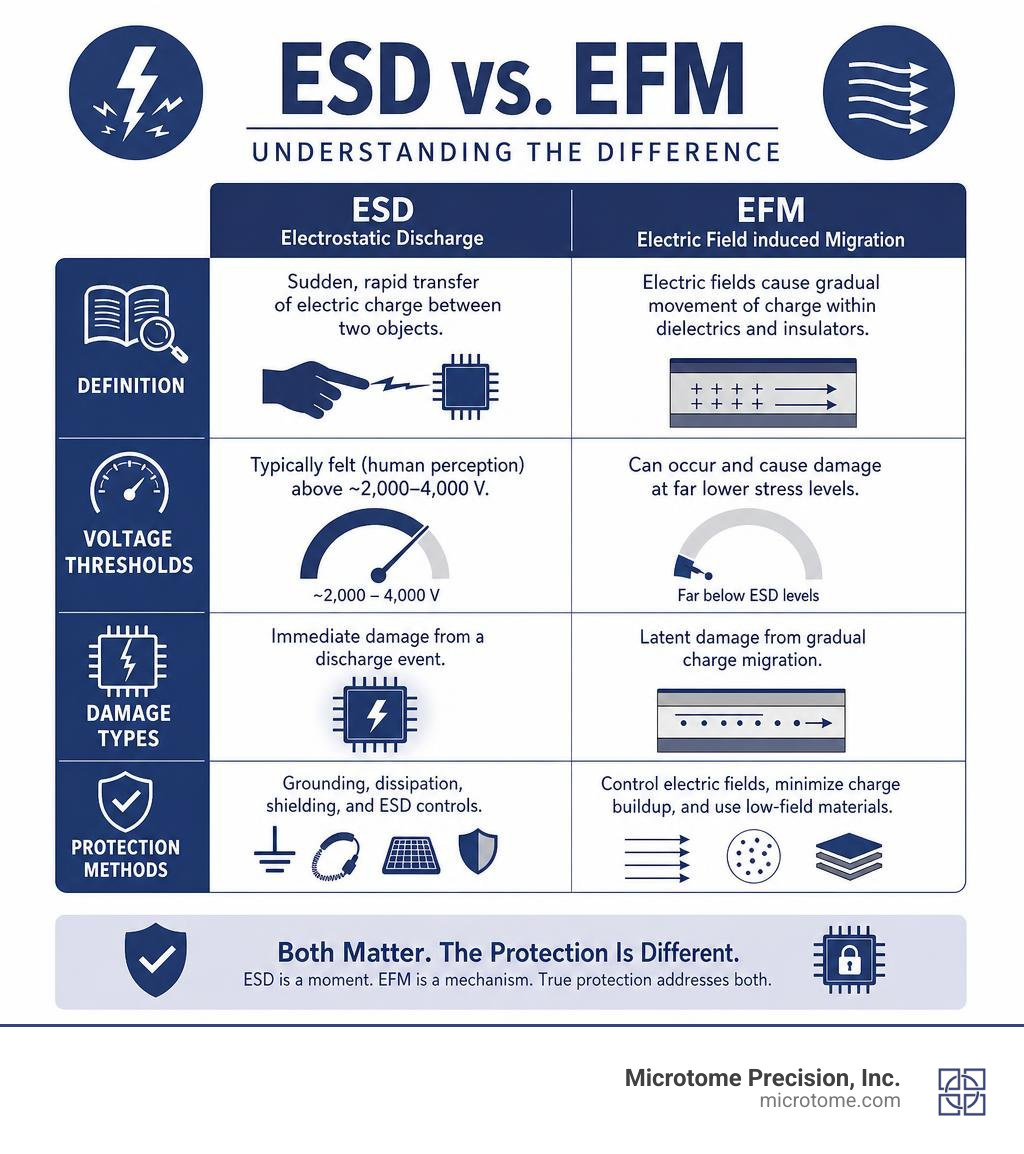 Infographic comparing ESD and EFM: definitions, voltage thresholds, damage types, and protection methods infographic Infographic comparing ESD and EFM: definitions, voltage thresholds, damage types, and protection methods infographic