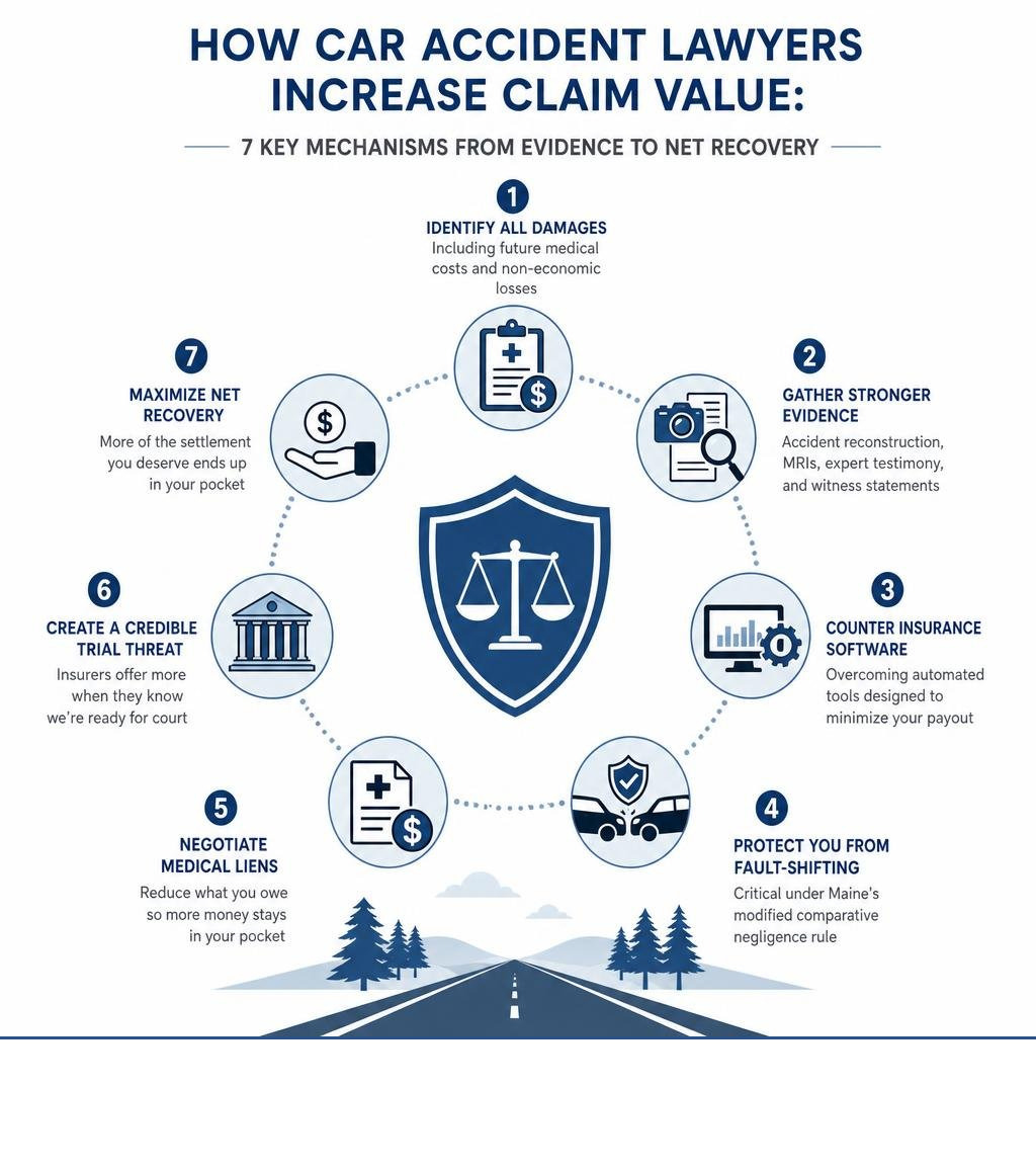How car accident lawyers increase claim value: 7 key mechanisms from evidence to net recovery infographic