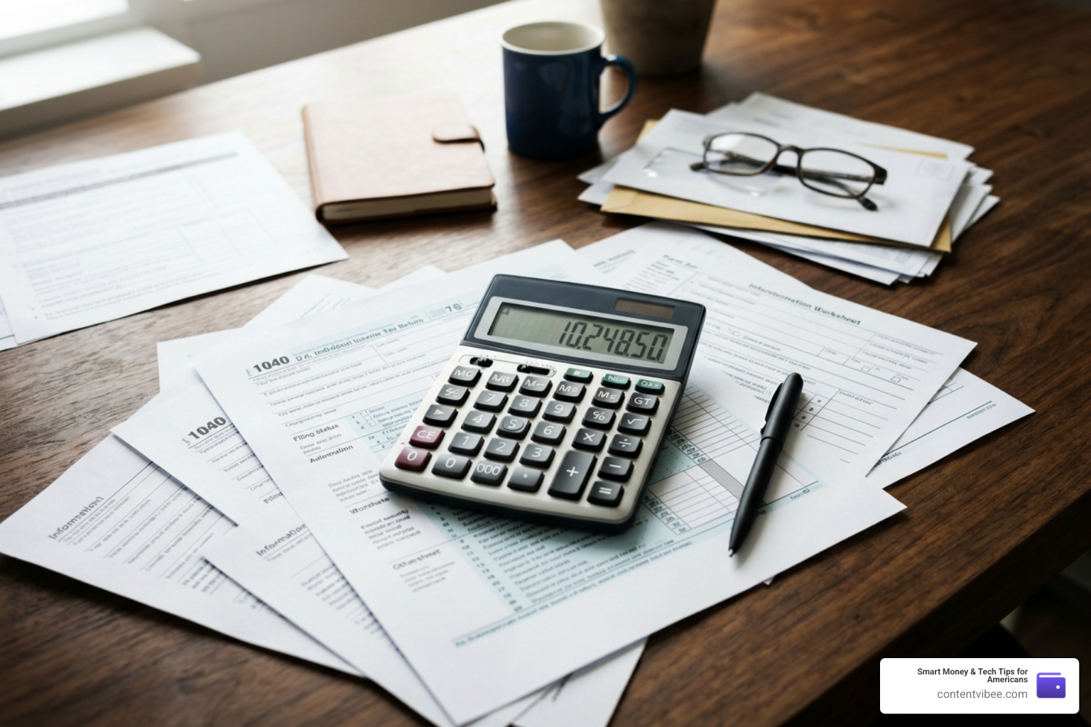 Tax documents and calculator on a wooden desk
