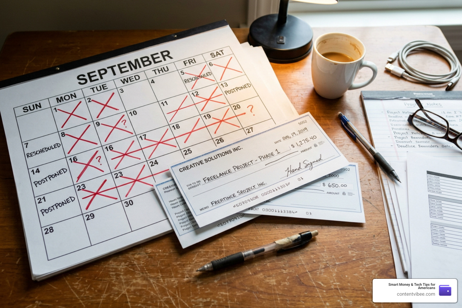 A crossed-out traditional calendar and paycheck showing irregular freelance cash flow A crossed-out traditional calendar and paycheck showing irregular freelance cash flow