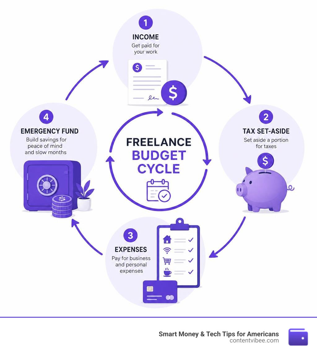 Freelance budget cycle showing income, tax set-aside, expenses, and emergency fund planning infographic Freelance budget cycle showing income, tax set-aside, expenses, and emergency fund planning infographic