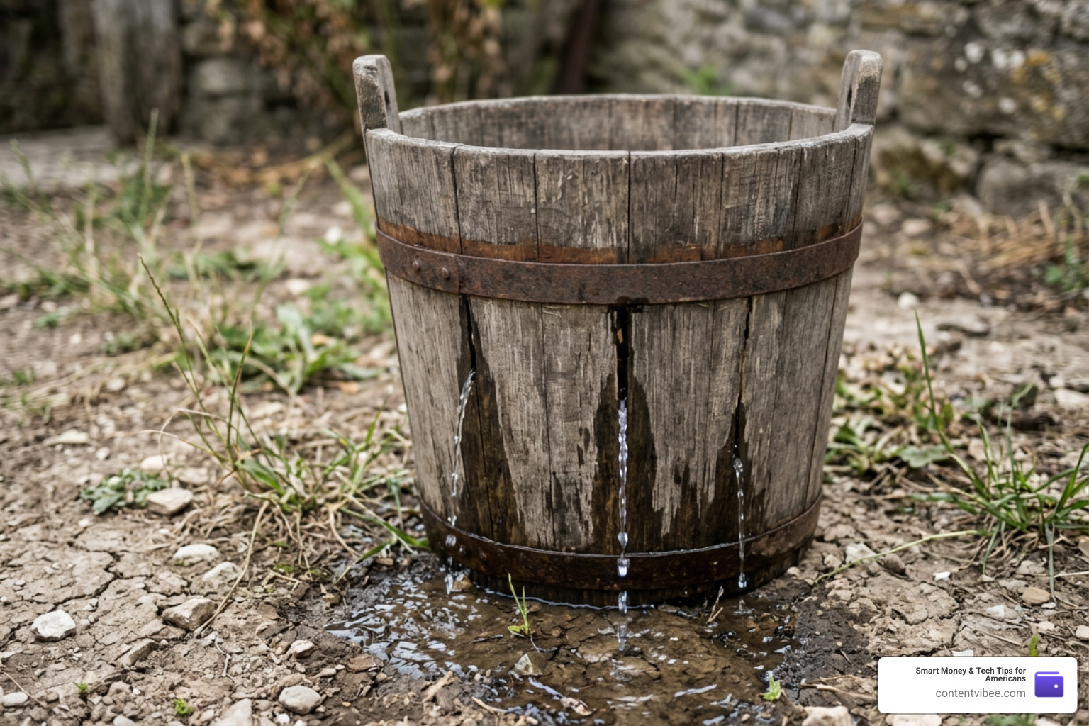 leaking bucket representing wealth drain