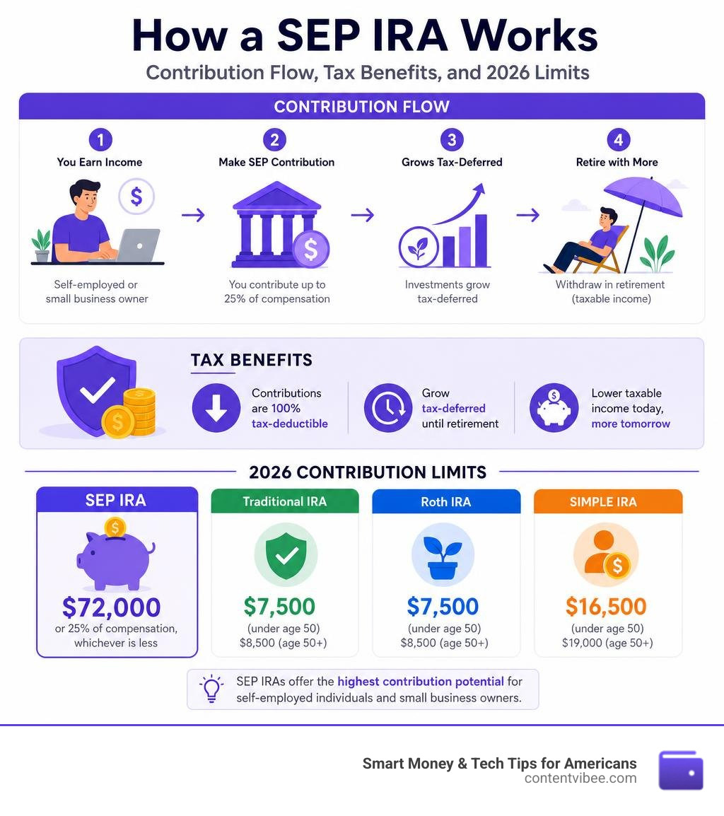 How a SEP IRA works: contribution flow, tax benefits, and 2026 limits compared to other IRAs infographic