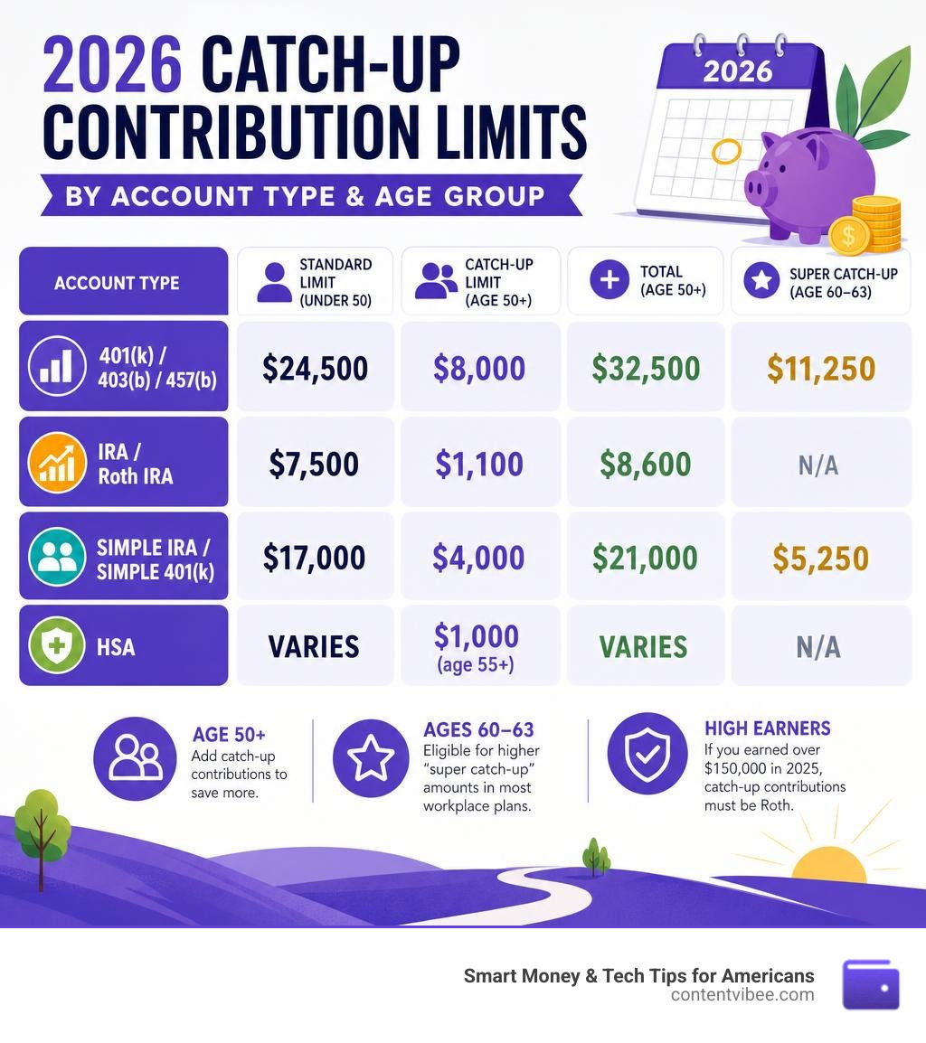 2026 catch-up contribution limits by account type and age group infographic infographic
