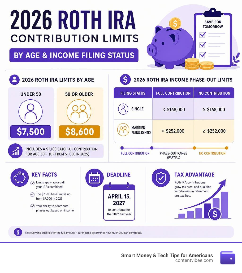 2026 Roth IRA contribution limits by age and income filing status infographic infographic