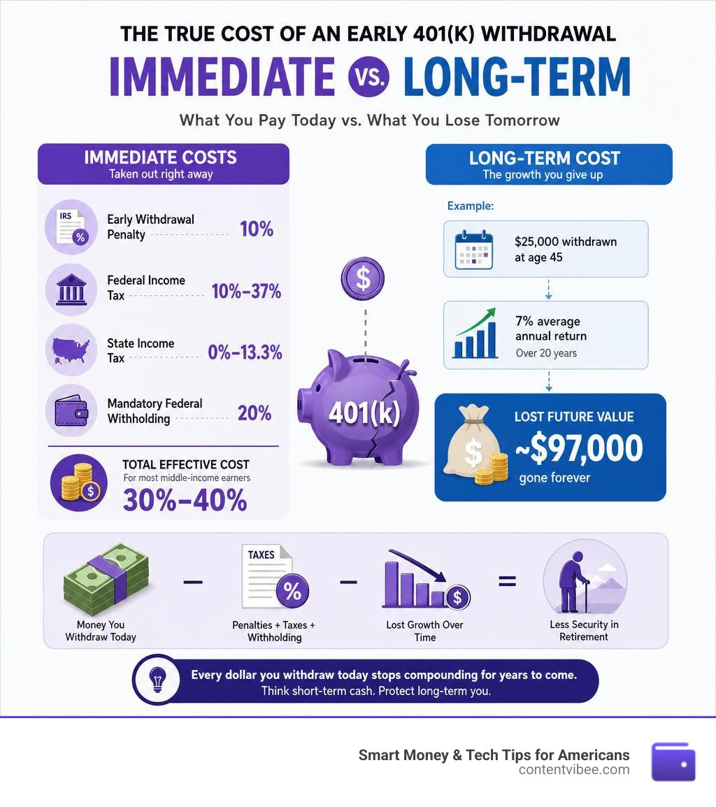 Immediate vs long-term costs of early 401k withdrawals broken down by penalty, taxes, and lost growth infographic