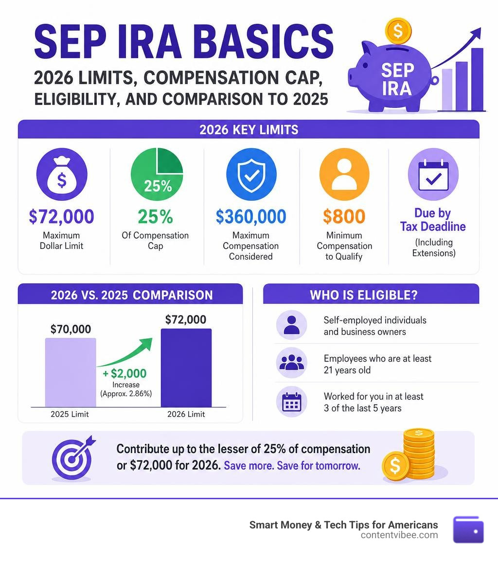 SEP IRA basics infographic: 2026 limits, compensation cap, eligibility, and comparison to 2025 infographic