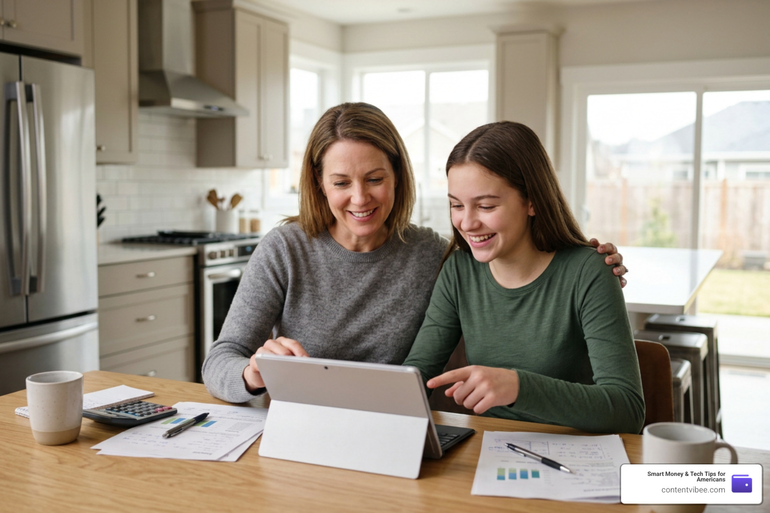 A parent sitting at a kitchen table with their teenage child, smiling while looking at a tablet screen together to discuss