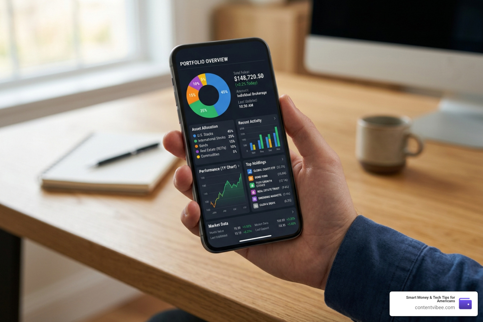 A clean, modern smartphone screen displaying a highly diversified investment portfolio dashboard with clear asset breakdowns