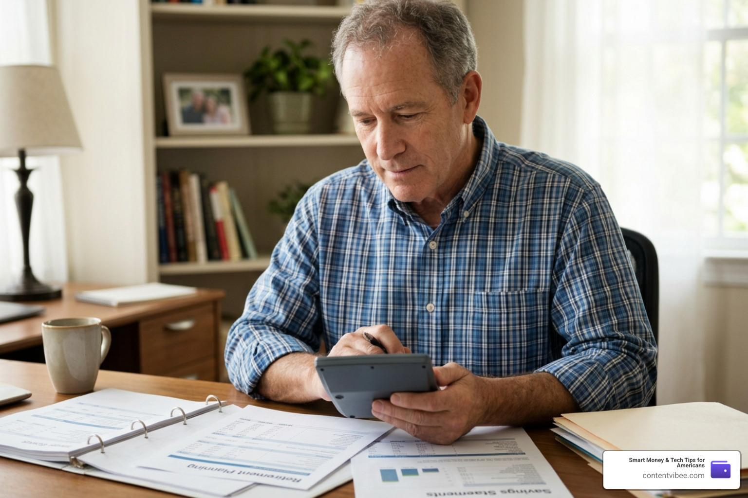 Older worker calculating their retirement savings Older worker calculating their retirement savings