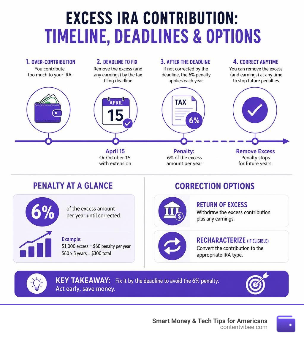 Timeline infographic for correcting excess IRA contributions deadlines penalty rates and correction options infographic