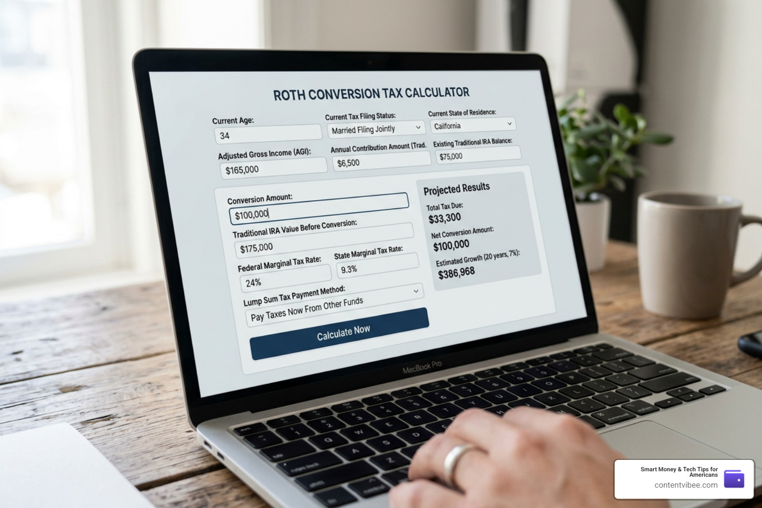 Interactive input screen of a Roth conversion calculator