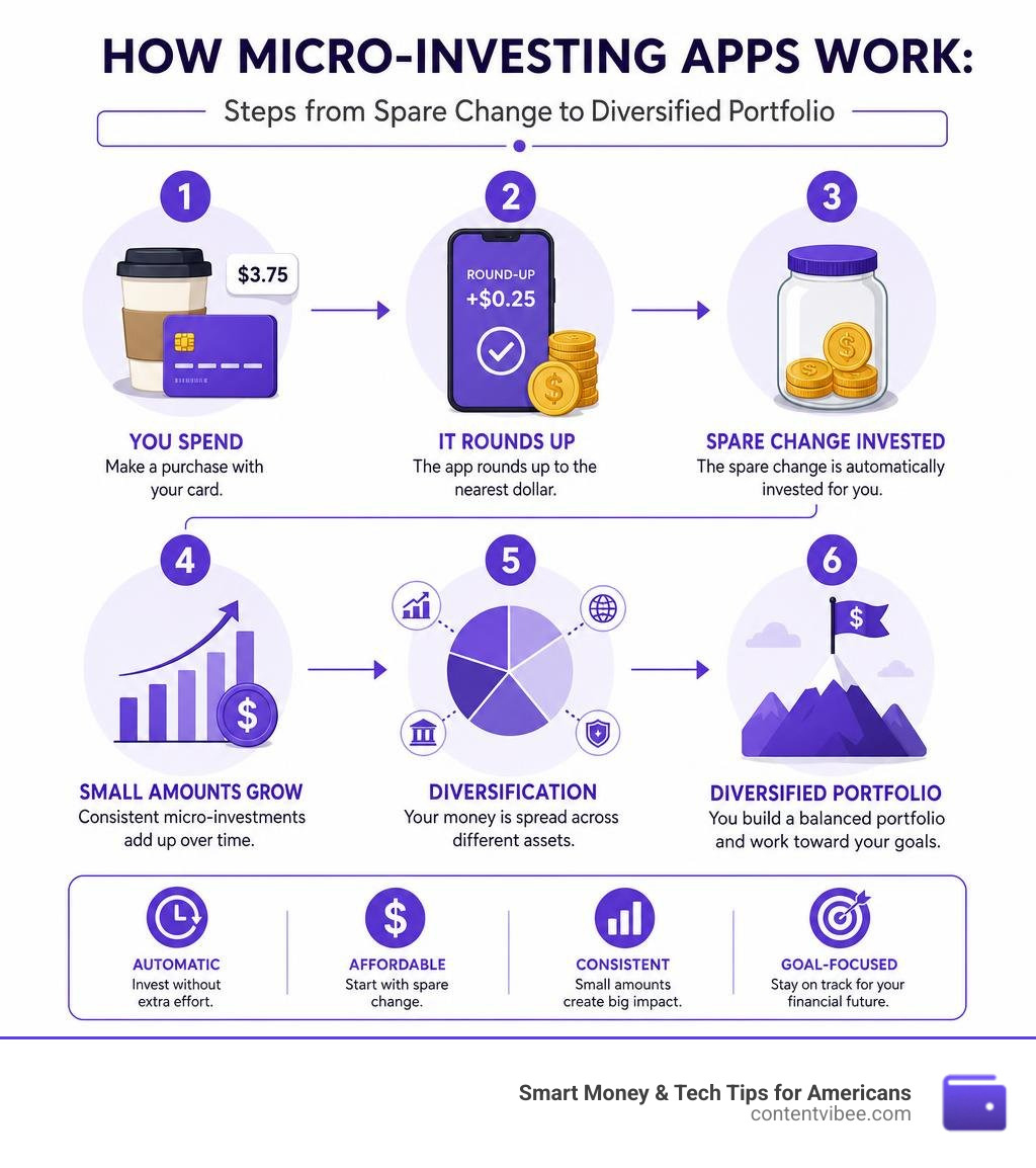 How micro-investing apps work: steps from spare change to diversified portfolio infographic