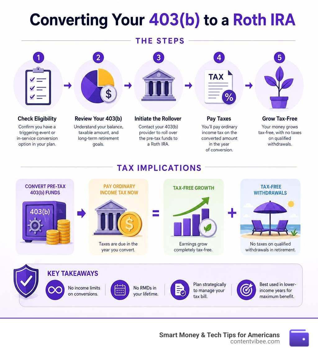 Steps and tax implications of converting a 403(b) to a Roth IRA infographic