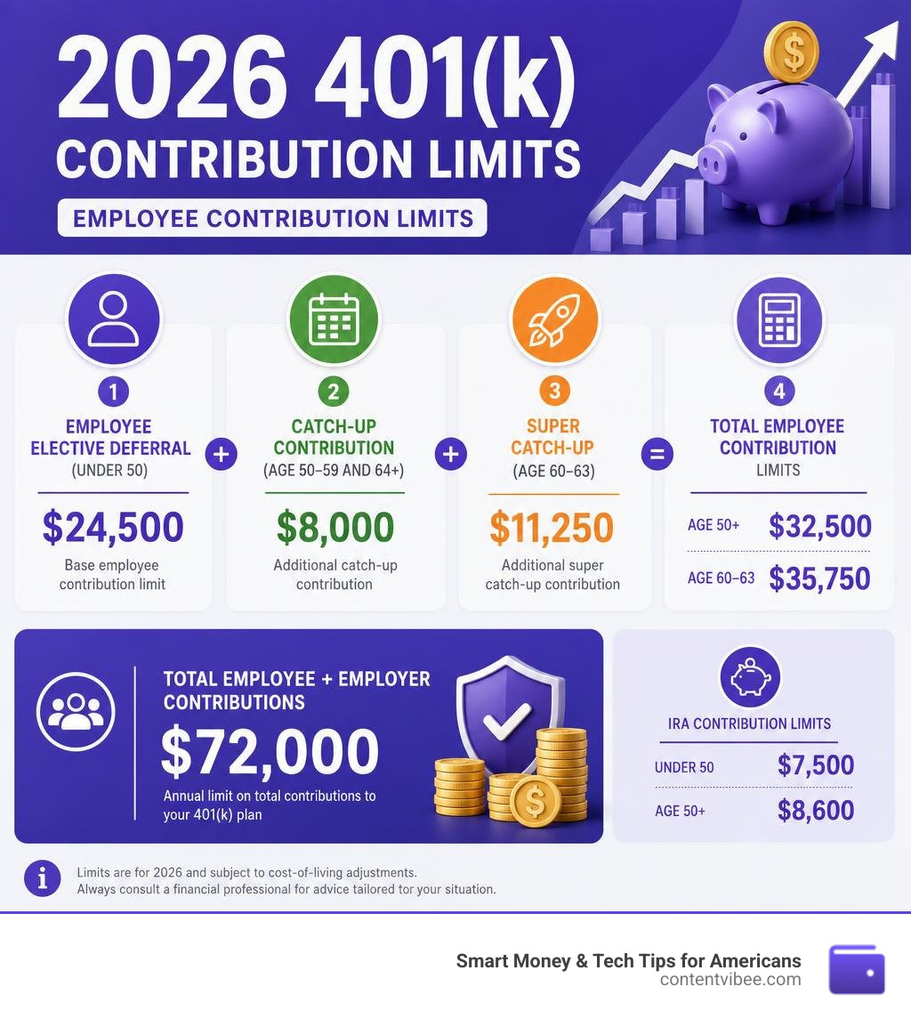 2026 401k contribution limits infographic showing employee, catch-up, super catch-up, and total limits infographic 2026 401k contribution limits infographic showing employee, catch-up, super catch-up, and total limits infographic