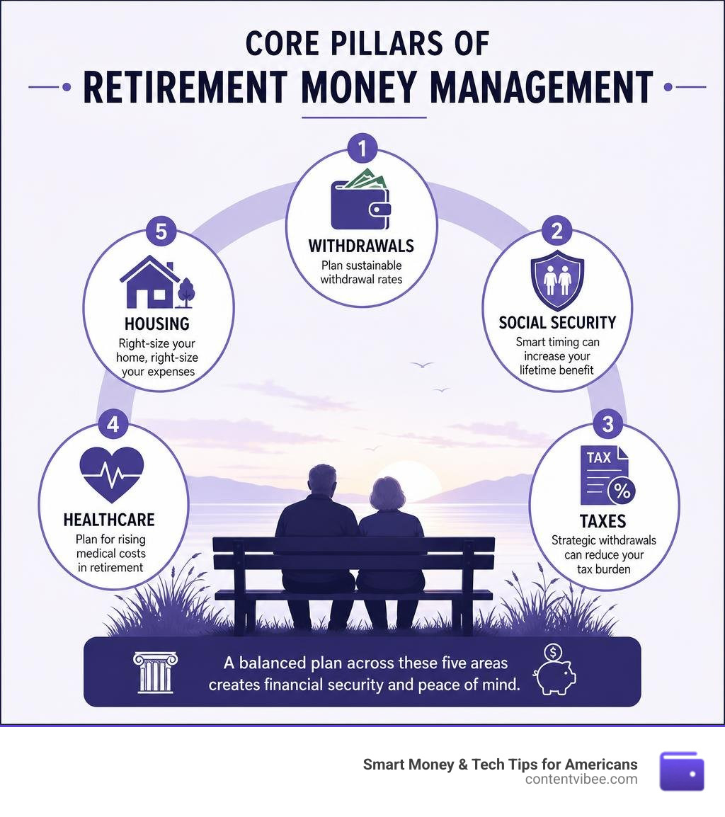 Core pillars of retirement money management: withdrawals, Social Security, taxes, healthcare, housing infographic