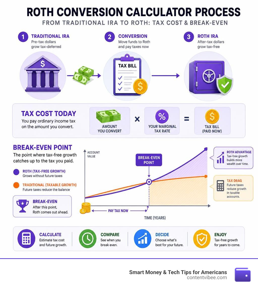 Roth conversion calculator process: steps from traditional IRA to Roth, tax cost, and break-even infographic