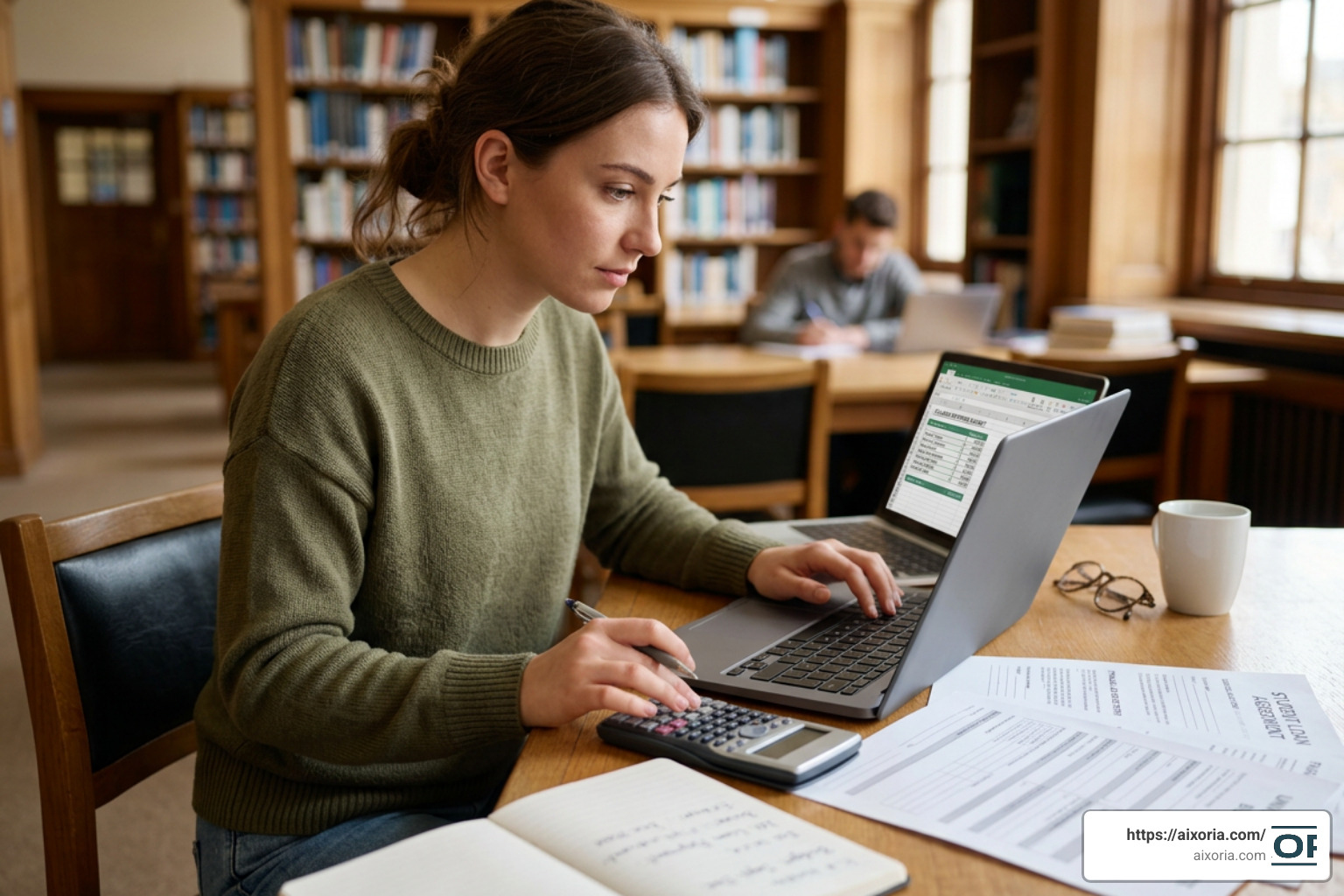 student calculating college expenses on a laptop with student loan documents