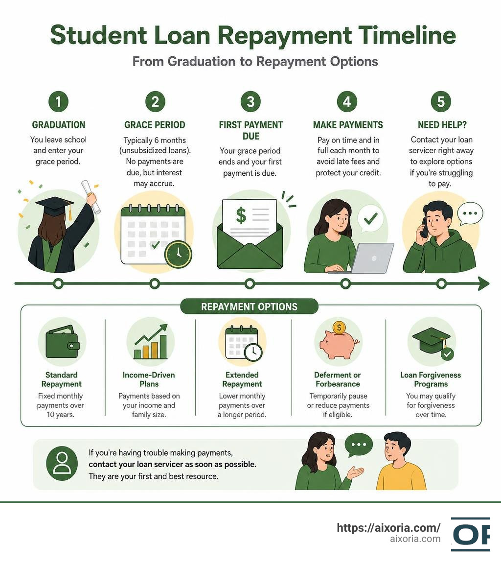Timeline of student loan repayment steps after graduation, from grace period to first payment to repayment options
