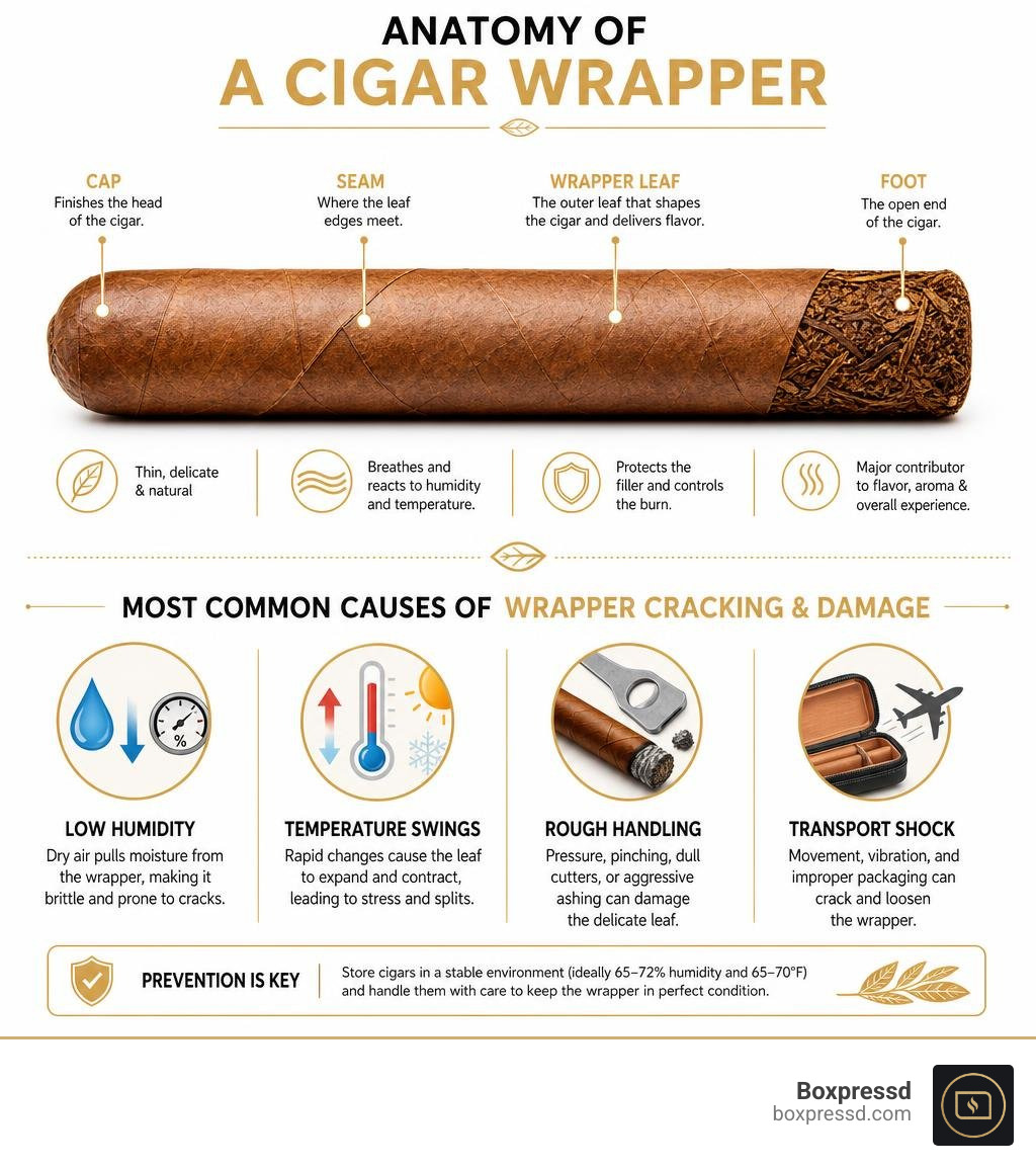 Anatomy of a cigar wrapper and the most common causes of wrapper cracking and damage infographic Anatomy of a cigar wrapper and the most common causes of wrapper cracking and damage infographic