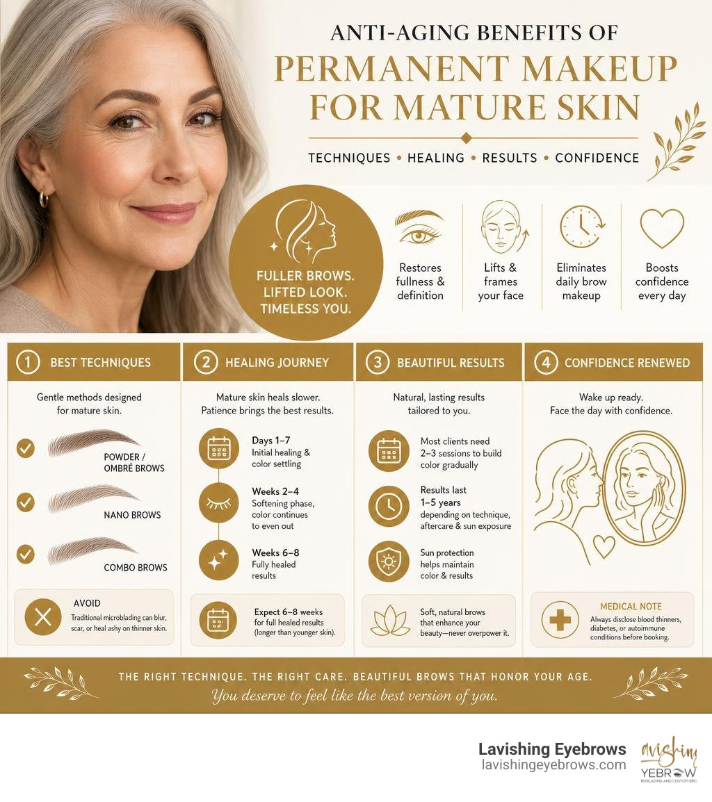 Anti-aging benefits of permanent makeup for mature skin: techniques, healing, results, and confidence infographic