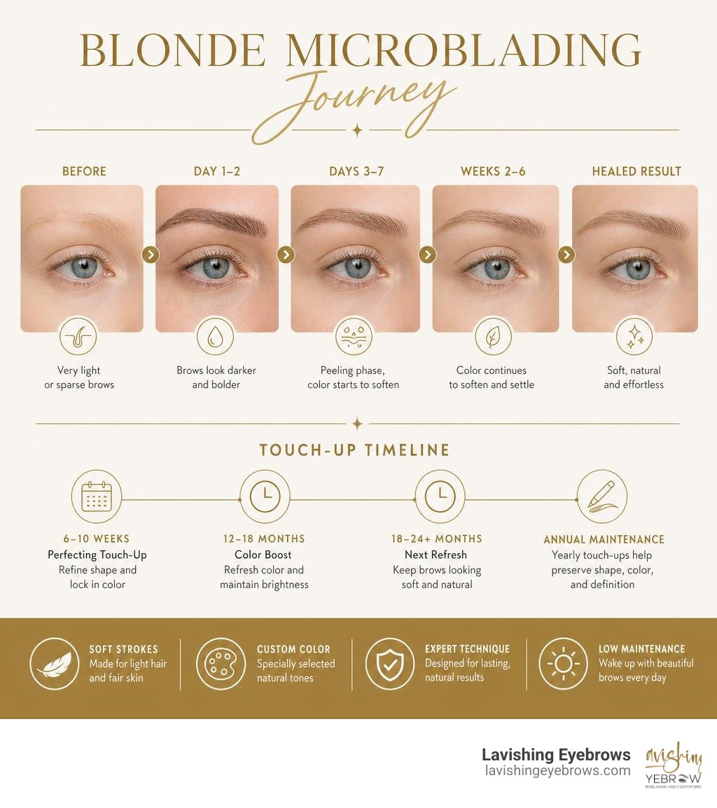 Blonde microblading journey: before, healing stages, healed result, and touch-up timeline infographic Blonde microblading journey: before, healing stages, healed result, and touch-up timeline infographic
