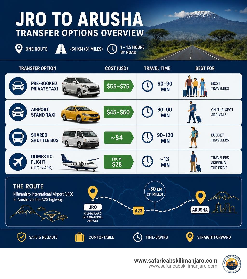 Overview infographic: JRO to Arusha transfer options, distances, costs, and travel times infographic
