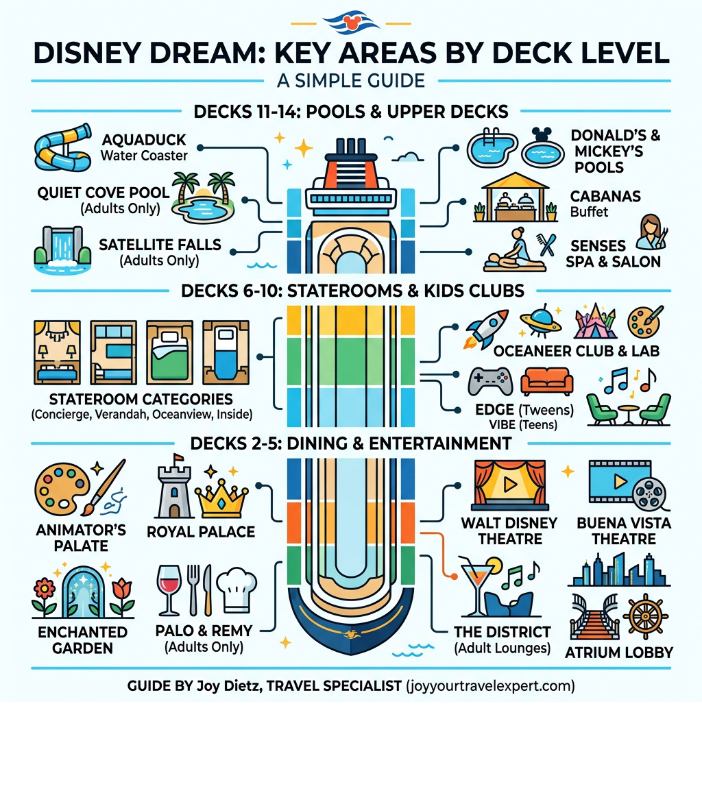 Disney Dream deck layout and key areas by deck level infographic infographic Disney Dream deck layout and key areas by deck level infographic infographic