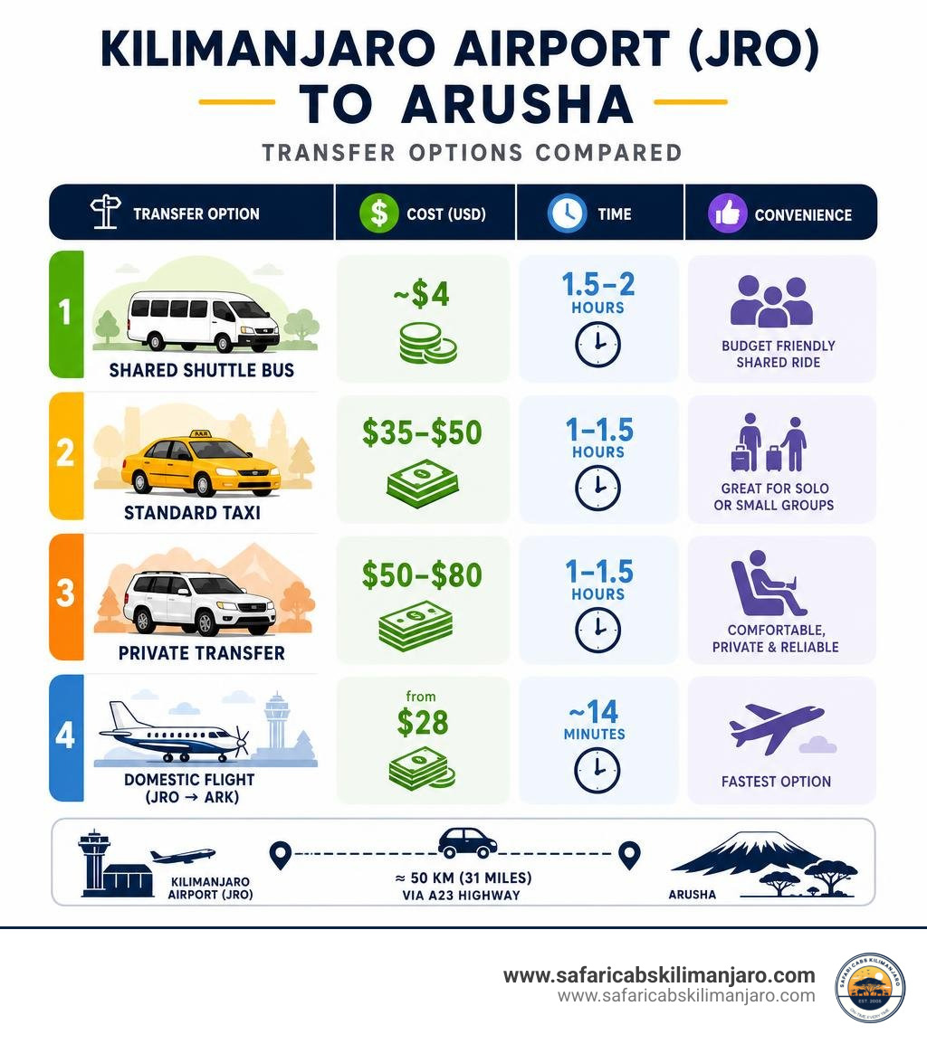 Infographic comparing transfer options from Kilimanjaro Airport to Arusha by cost, time, and convenience infographic Infographic comparing transfer options from Kilimanjaro Airport to Arusha by cost, time, and convenience infographic