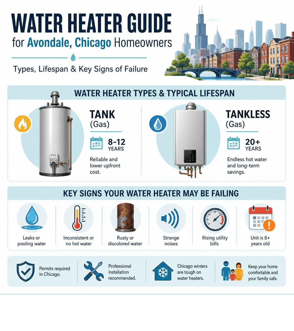 Infographic showing water heater types, lifespan, and key signs of failure for Avondale Chicago homeowners without pricing Infographic showing water heater types, lifespan, and key signs of failure for Avondale Chicago homeowners without pricing