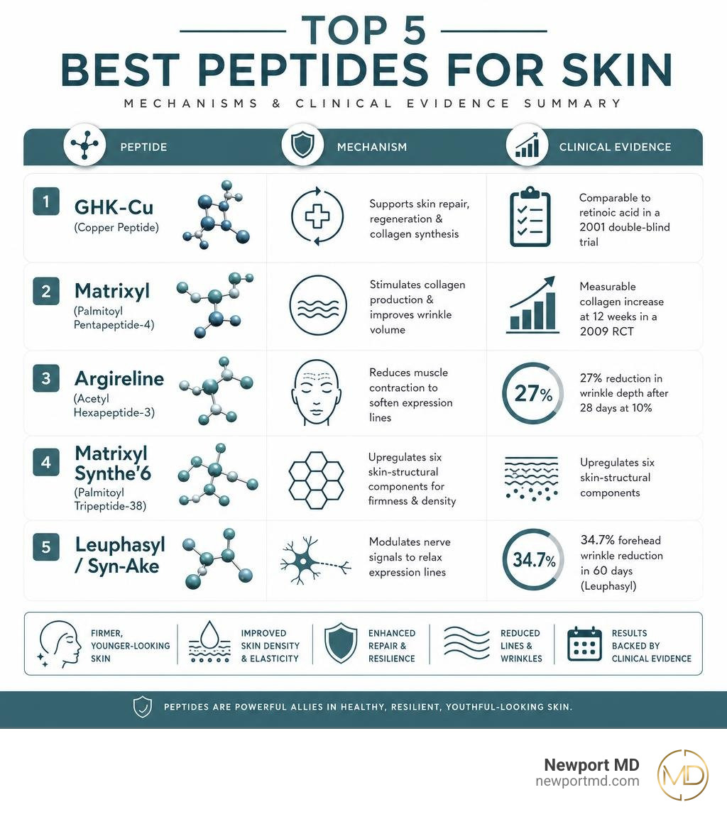 Infographic: top 5 best peptides for skin, their mechanisms, and clinical evidence summary infographic