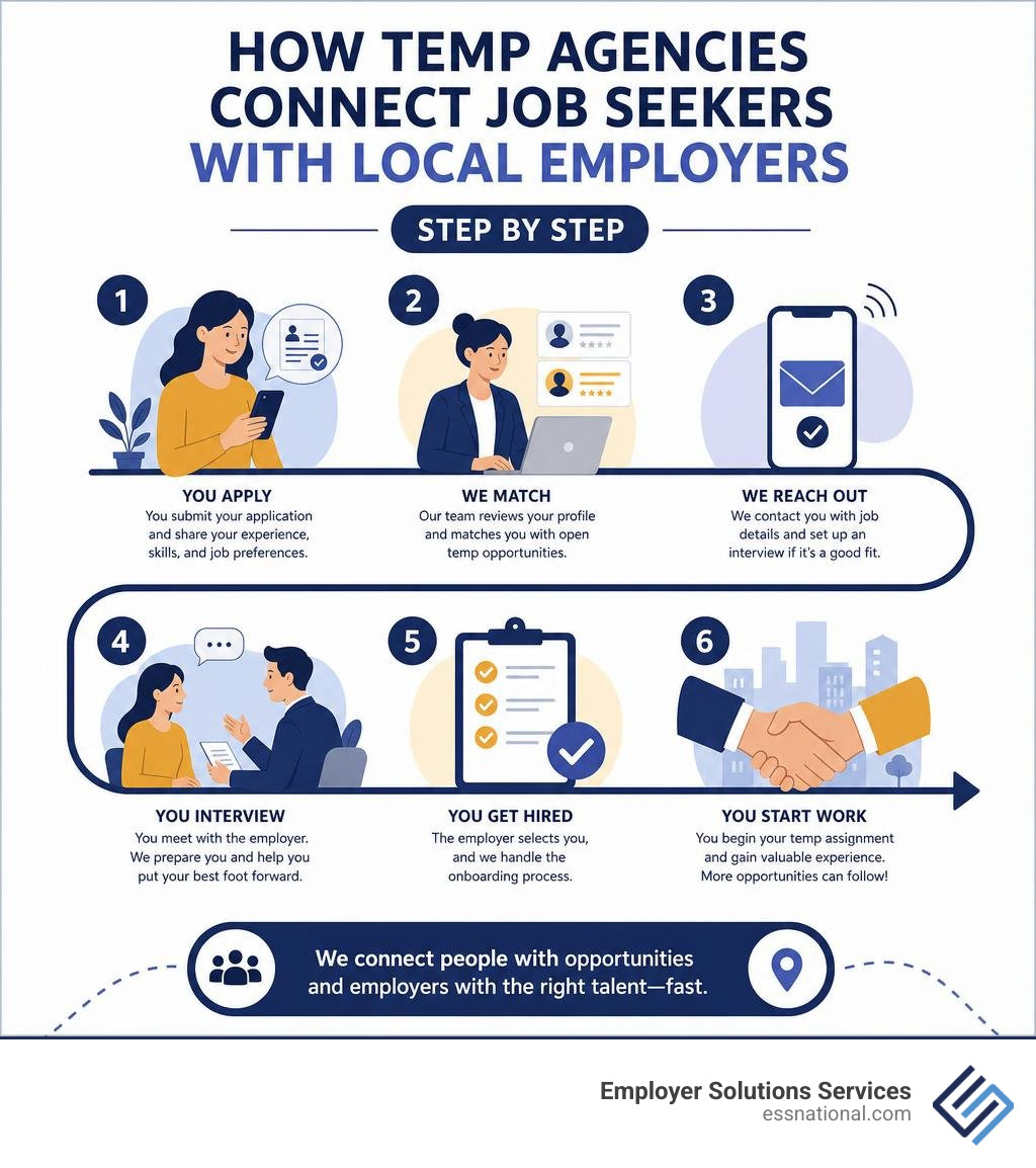 How temp agencies connect job seekers with local employers step by step infographic How temp agencies connect job seekers with local employers step by step infographic