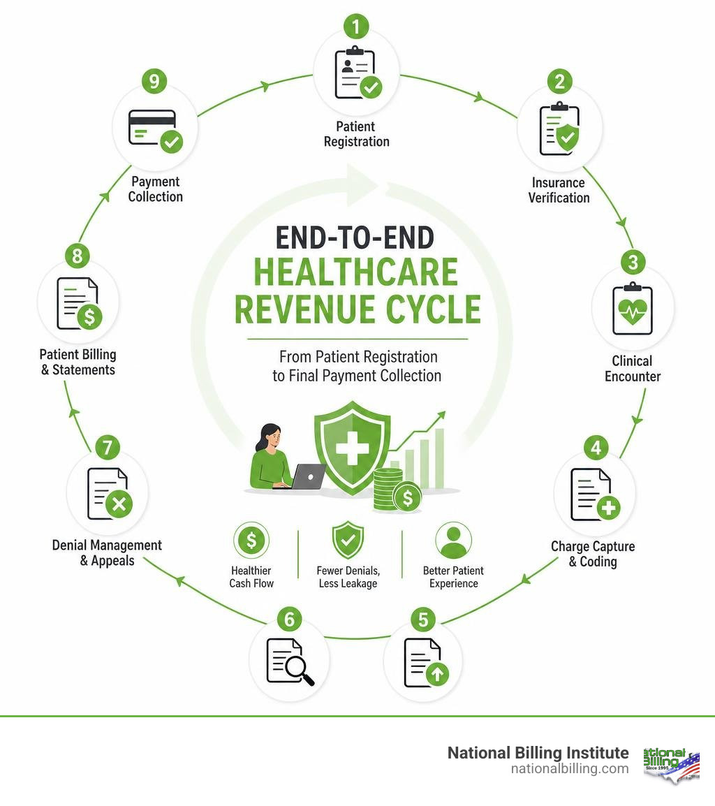 End-to-end healthcare revenue cycle from patient registration to final payment collection infographic End-to-end healthcare revenue cycle from patient registration to final payment collection infographic