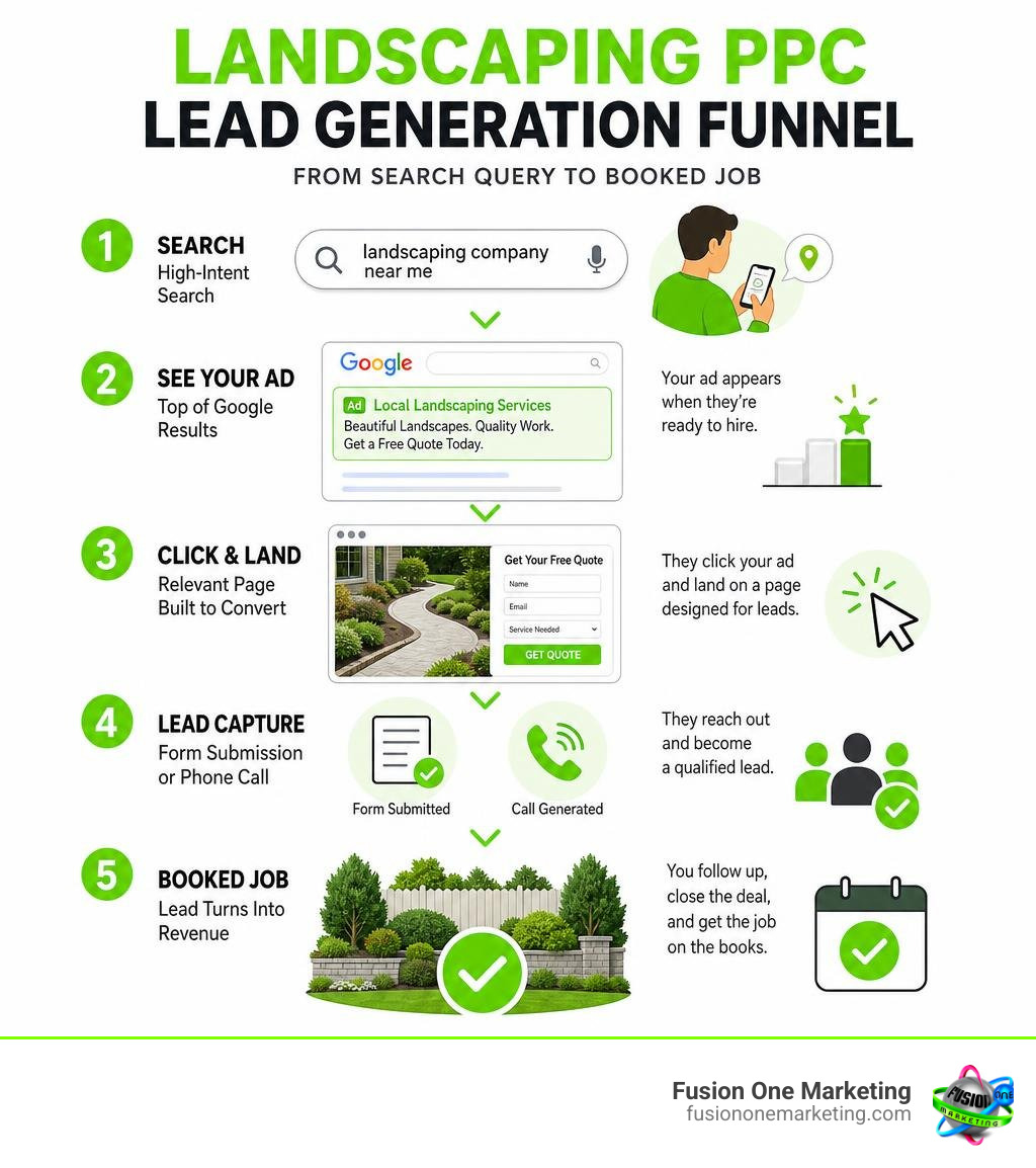 Landscaping PPC lead generation funnel from search query to booked job infographic Landscaping PPC lead generation funnel from search query to booked job infographic