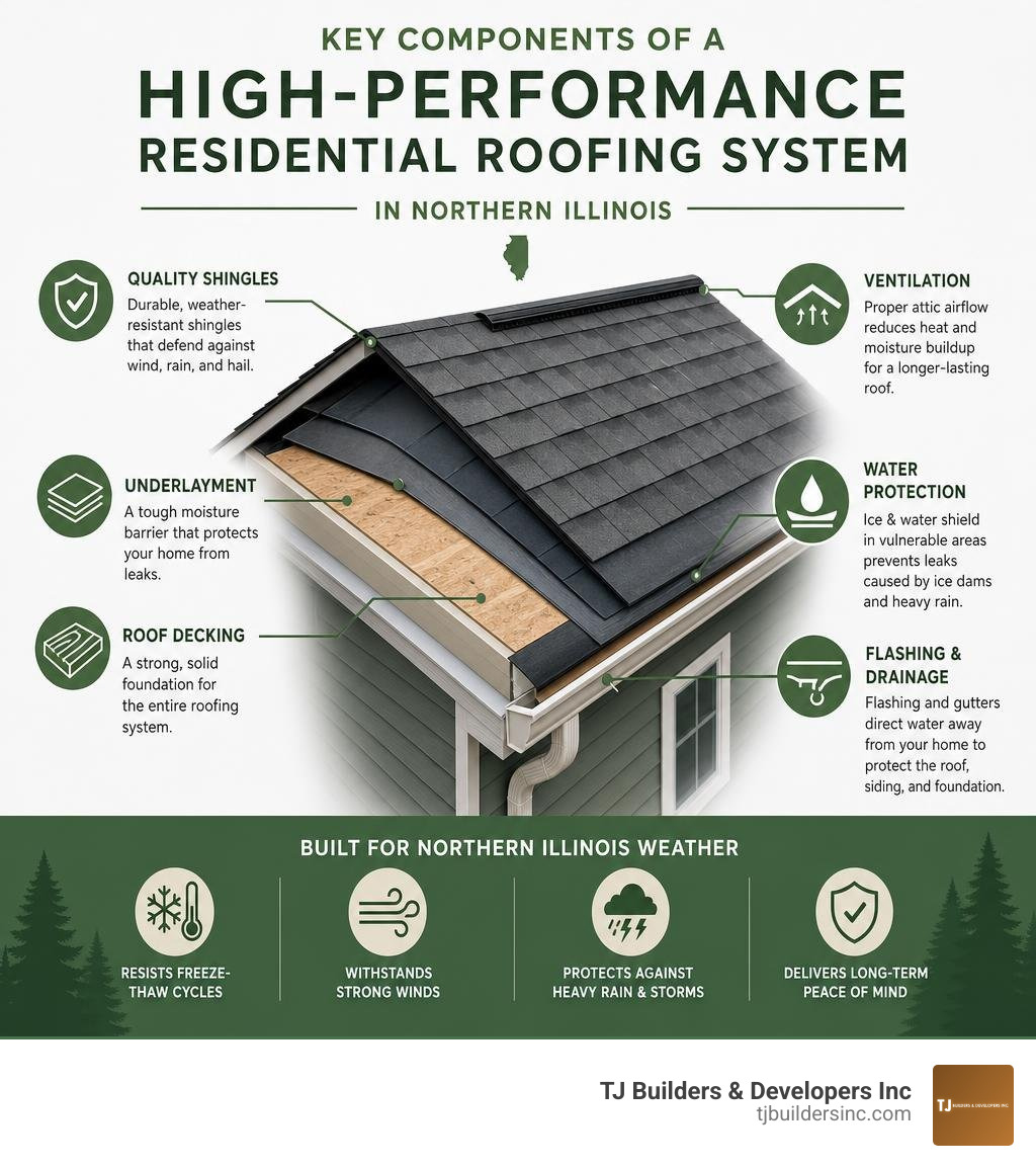Key components of a high-performance residential roofing system in Northern Illinois infographic Key components of a high-performance residential roofing system in Northern Illinois infographic