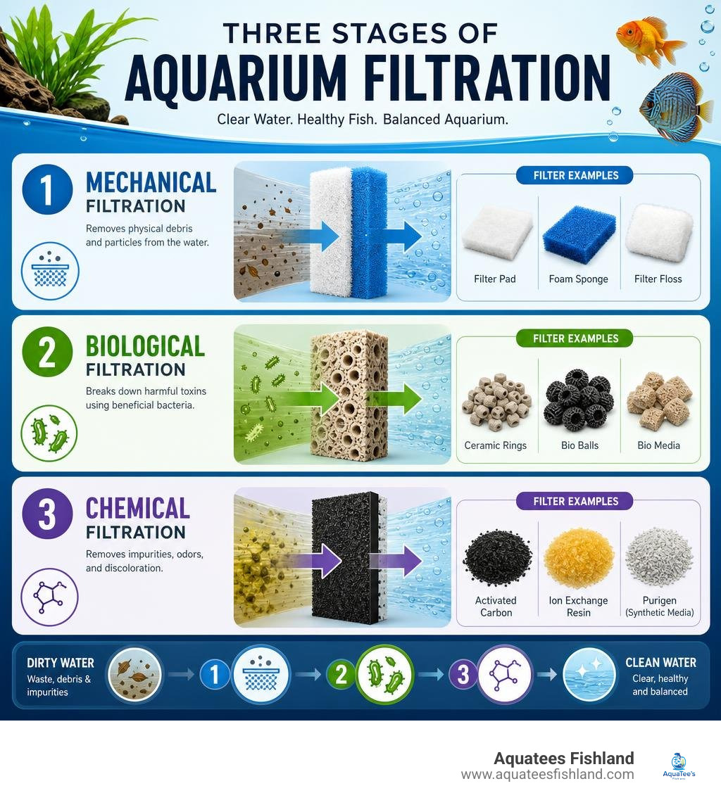 Three stages of aquarium filtration: mechanical, biological, and chemical with filter examples infographic