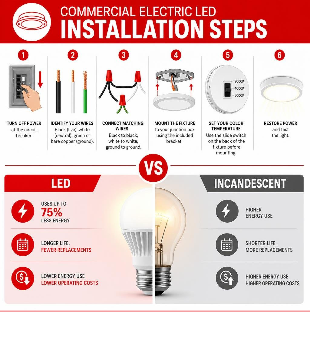 Commercial Electric LED installation steps vs incandescent energy use infographic infographic Commercial Electric LED installation steps vs incandescent energy use infographic infographic