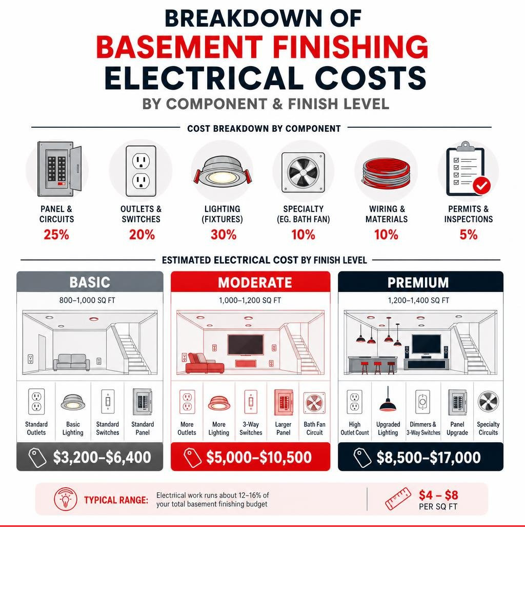 Breakdown of basement finishing electrical costs by component and finish level infographic Breakdown of basement finishing electrical costs by component and finish level infographic