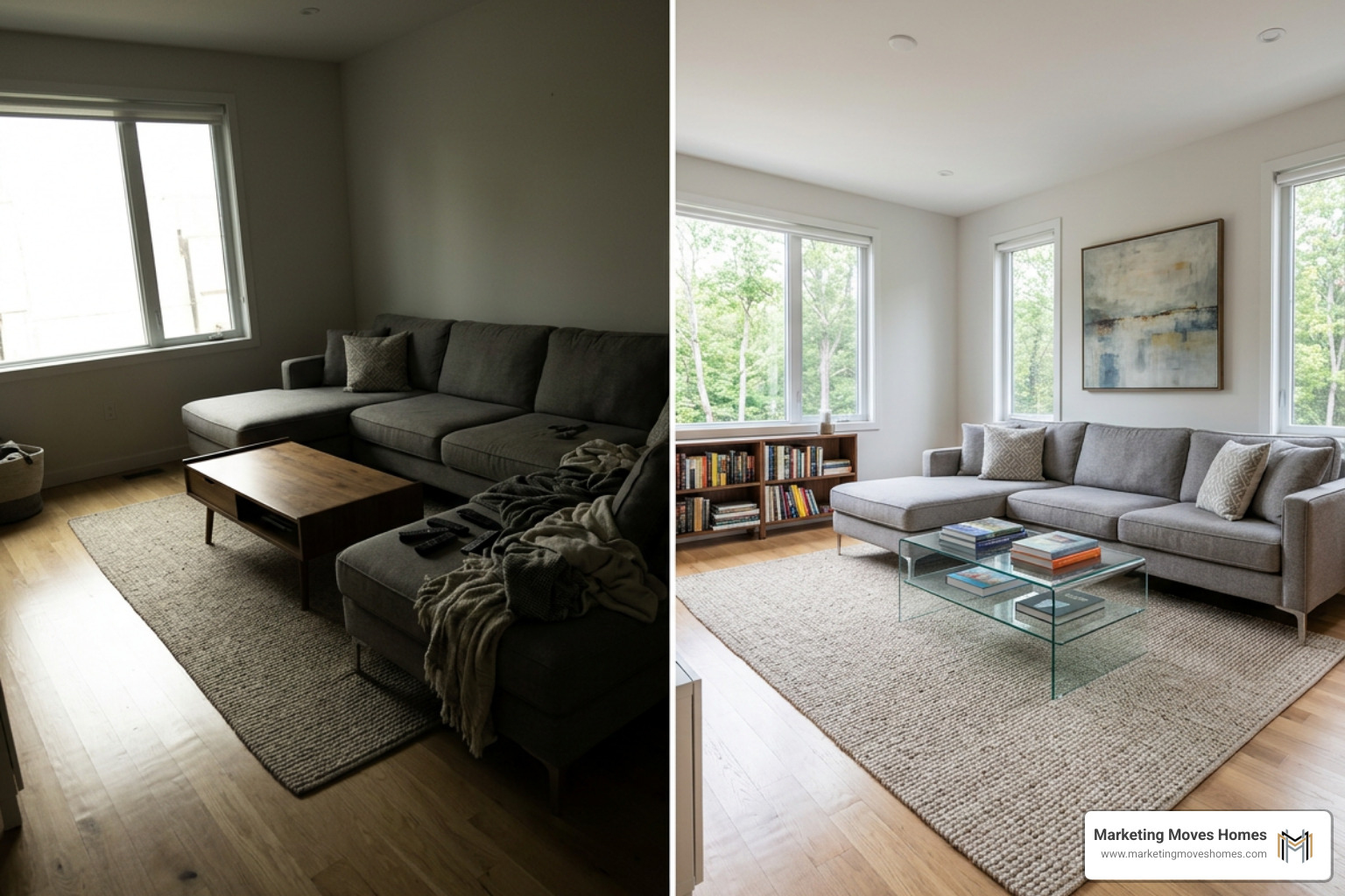 Comparison between amateur and professional real estate pictures showing differences in lighting and composition Comparison between amateur and professional real estate pictures showing differences in lighting and composition