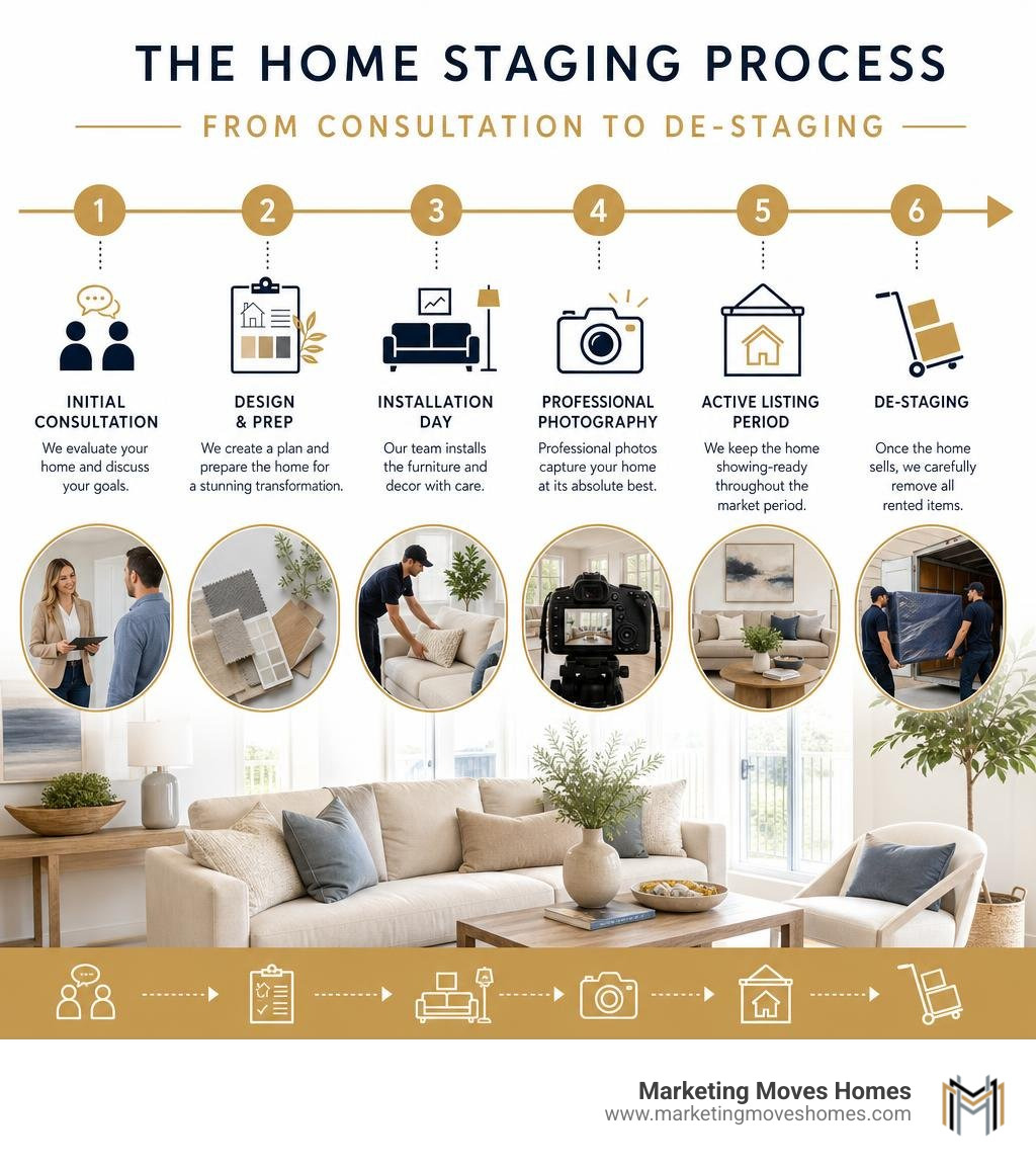 Timeline infographic of the home staging process from consultation to de-staging infographic