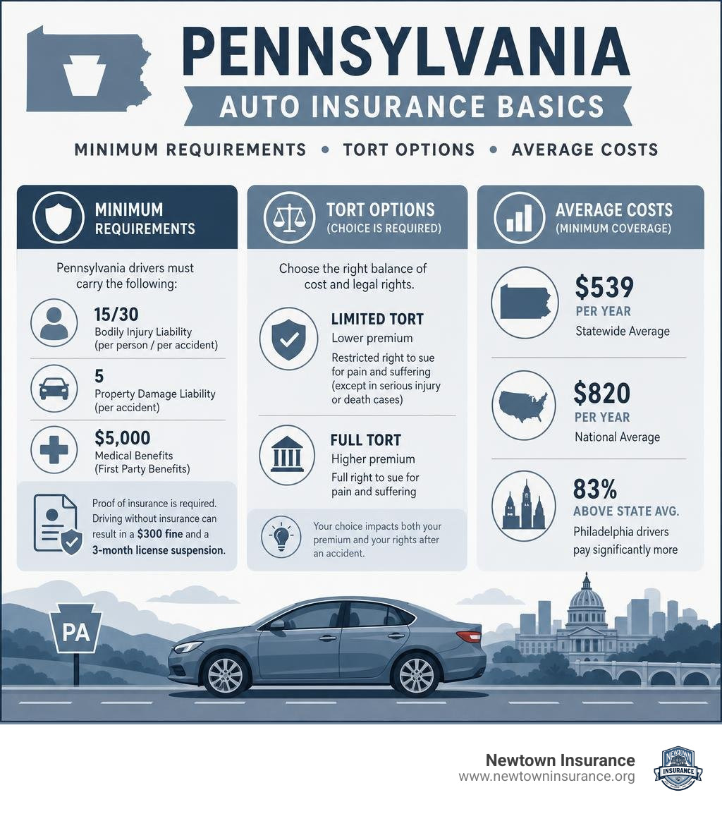Pennsylvania auto insurance basics infographic showing minimum requirements, tort options, and average costs infographic Pennsylvania auto insurance basics infographic showing minimum requirements, tort options, and average costs infographic
