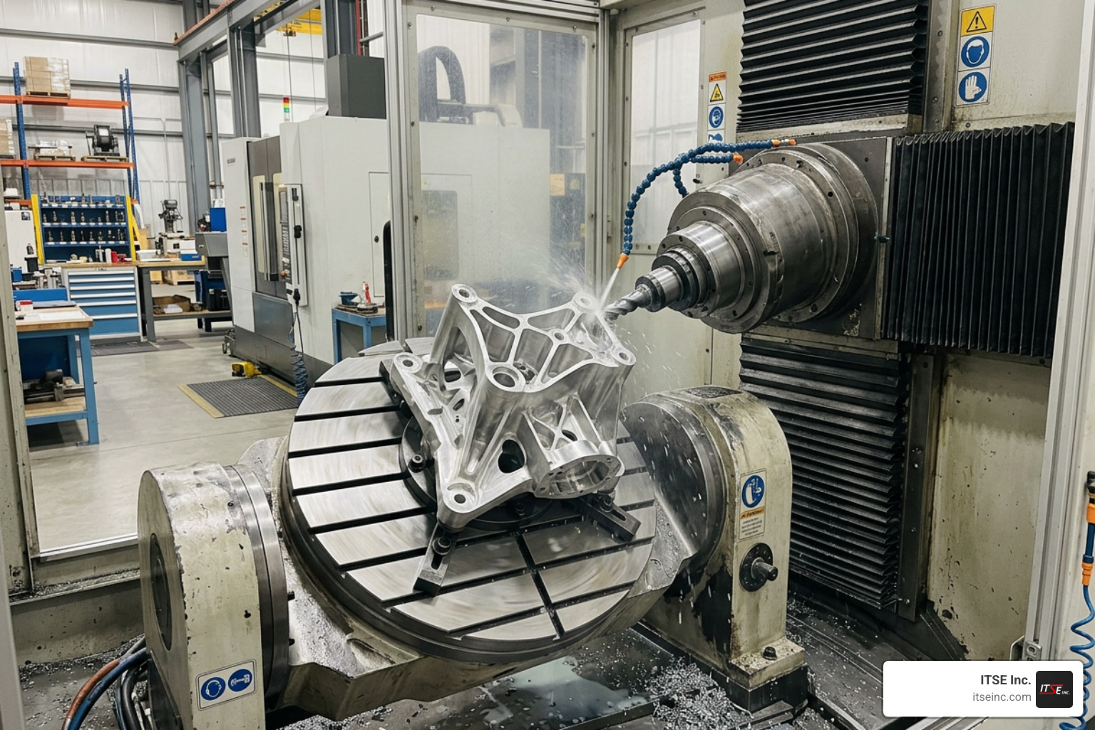A complex aerospace structural component being milled on a high-speed 5-axis rotary table