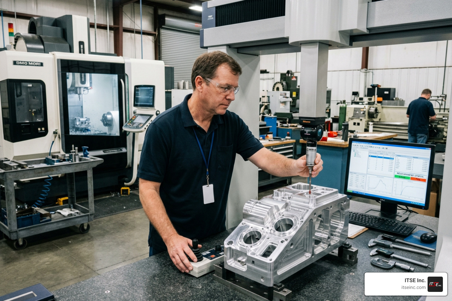 A quality control inspector using a coordinate measuring machine CMM to verify tight 5-axis tolerances