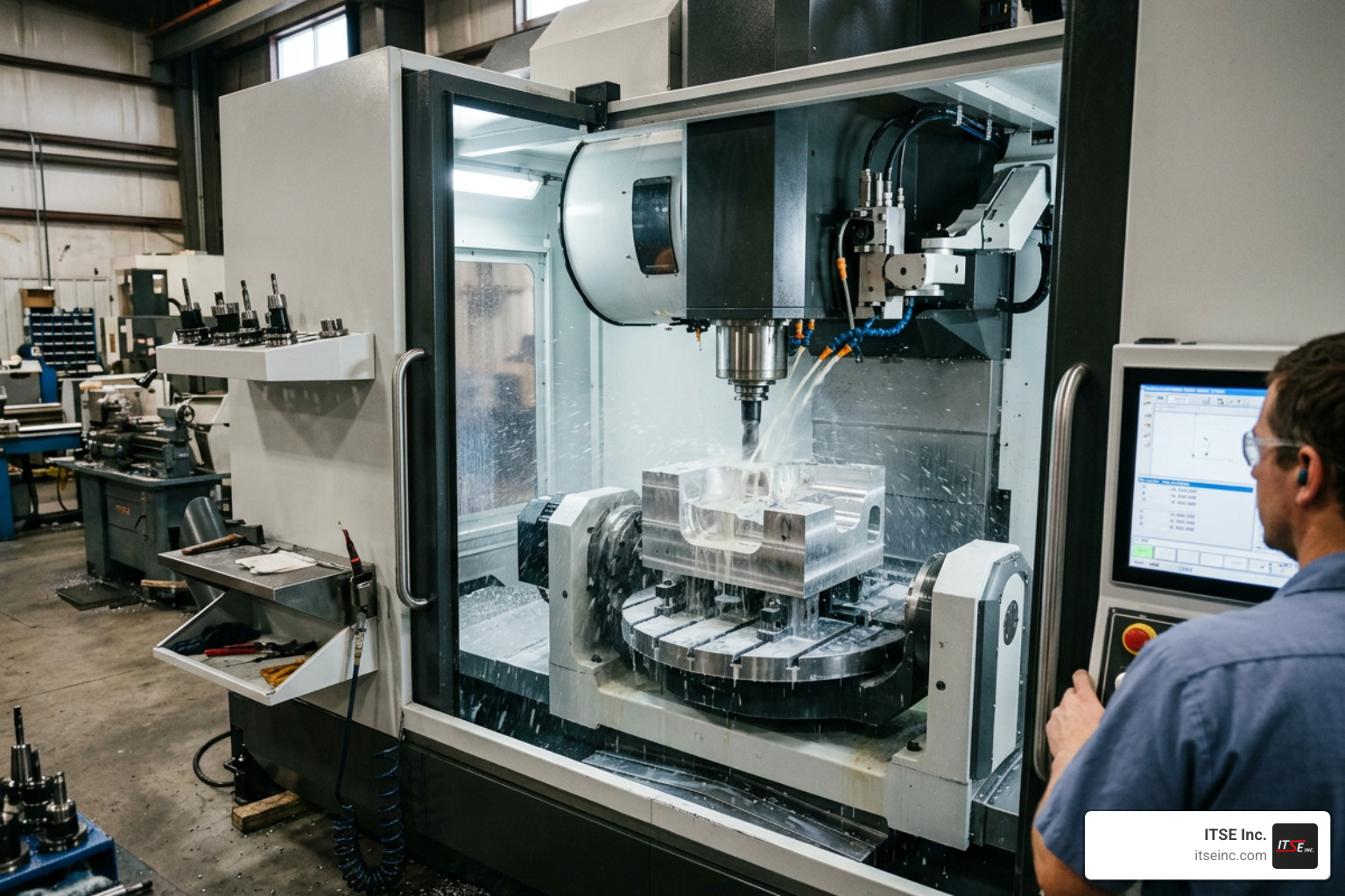 A modern multi-axis CNC machining center executing a high-speed cutting operation on a metal block A modern multi-axis CNC machining center executing a high-speed cutting operation on a metal block